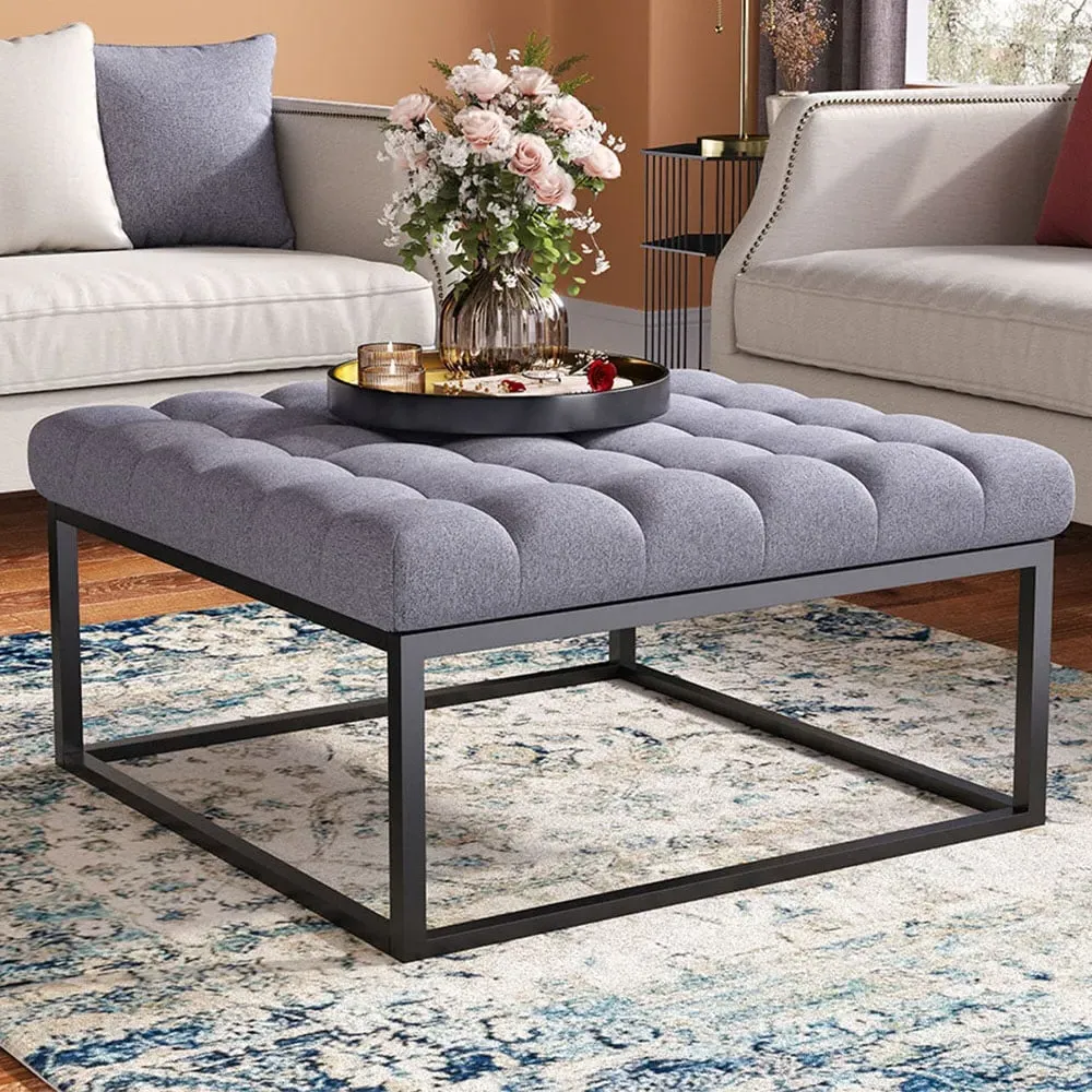 Grey Linen Footstool - Grey, Linen