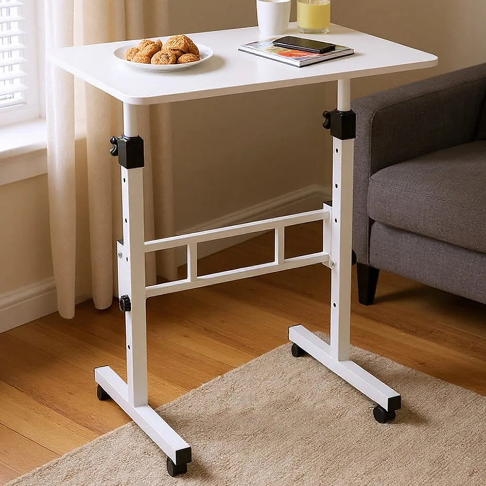 Height Adjustable Mobile Desk with Lockable Wheels - White