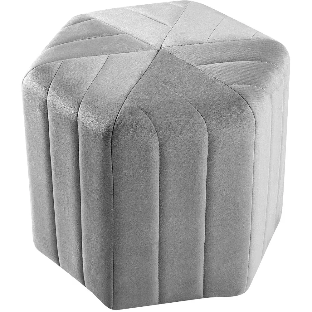 Hexagonal Velvet Footstool Ottoman with Stripes - Grey