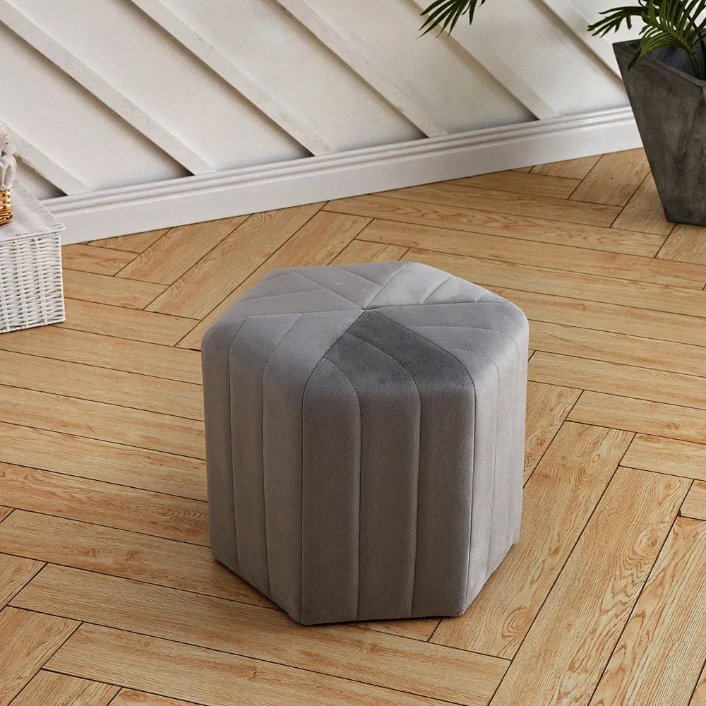 Hexagonal Velvet Footstool Ottoman with Stripes - Grey