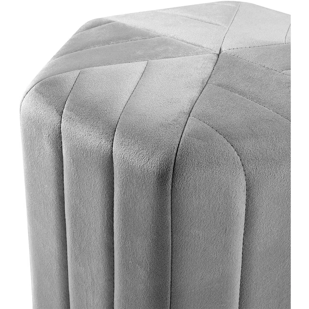 Hexagonal Velvet Footstool Ottoman with Stripes - Grey