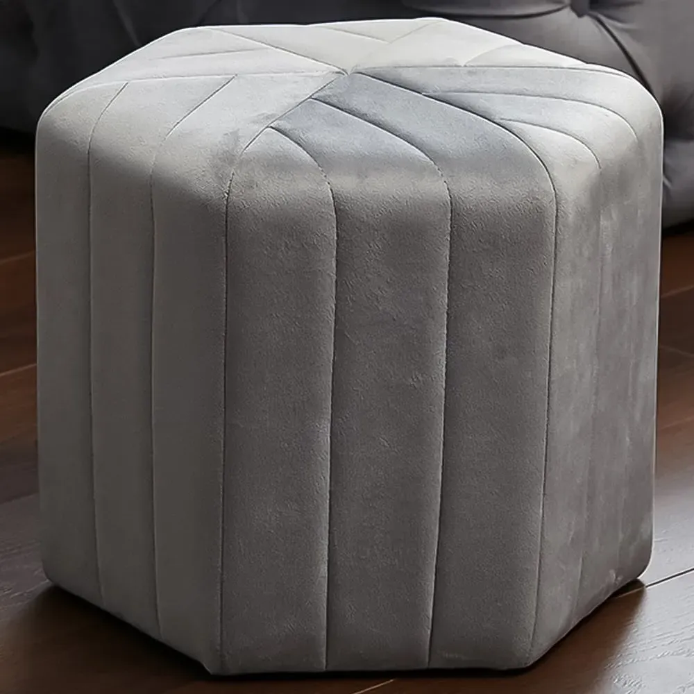 Hexagonal Velvet Footstool Ottoman with Stripes - Grey image