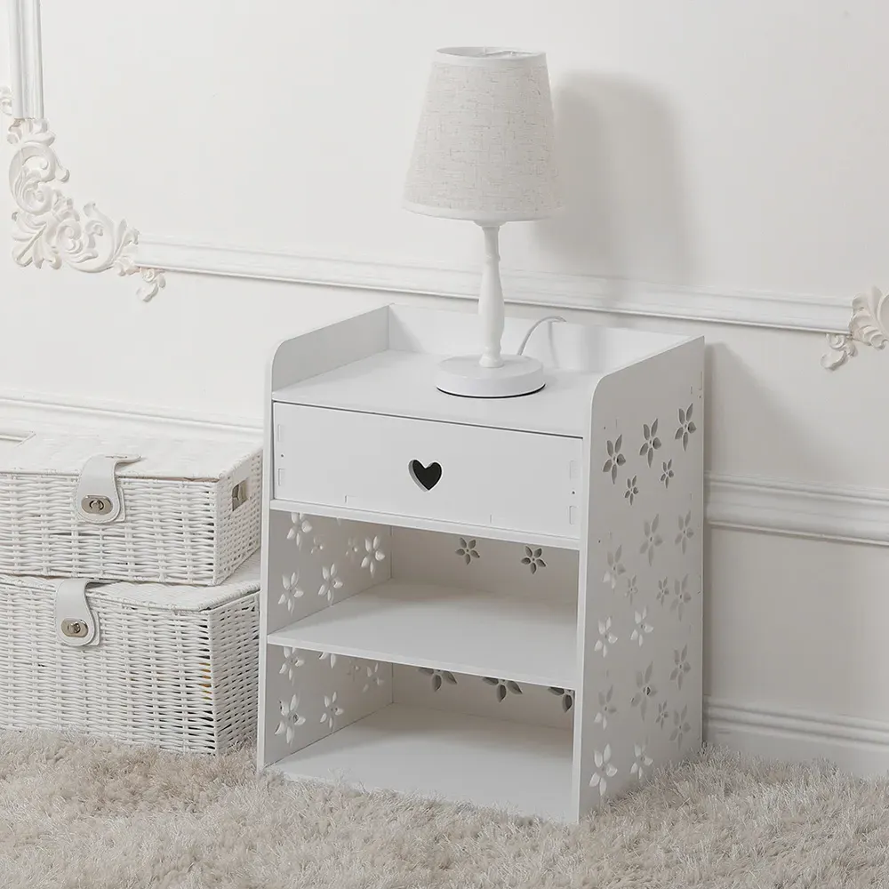 Hollow Carved Pattern Bedside Table - White
