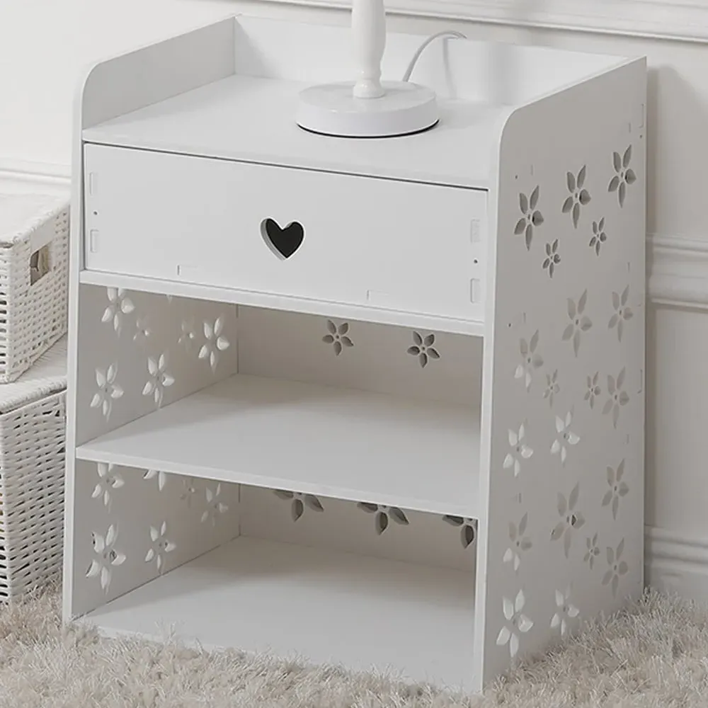 Hollow Carved Pattern Bedside Table - White