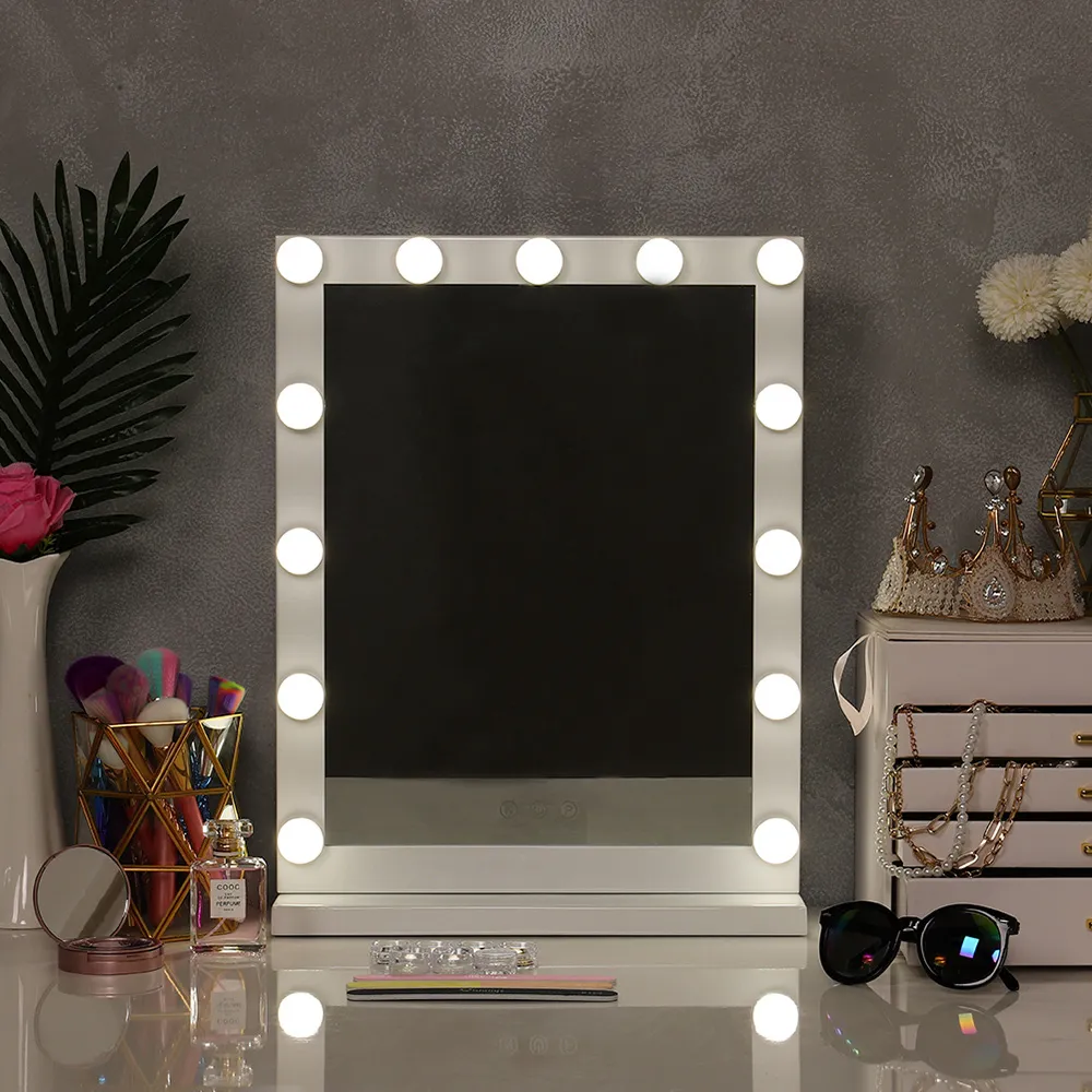 Hollywood Style Lighted Rectangular Makeup Mirror with Base - White