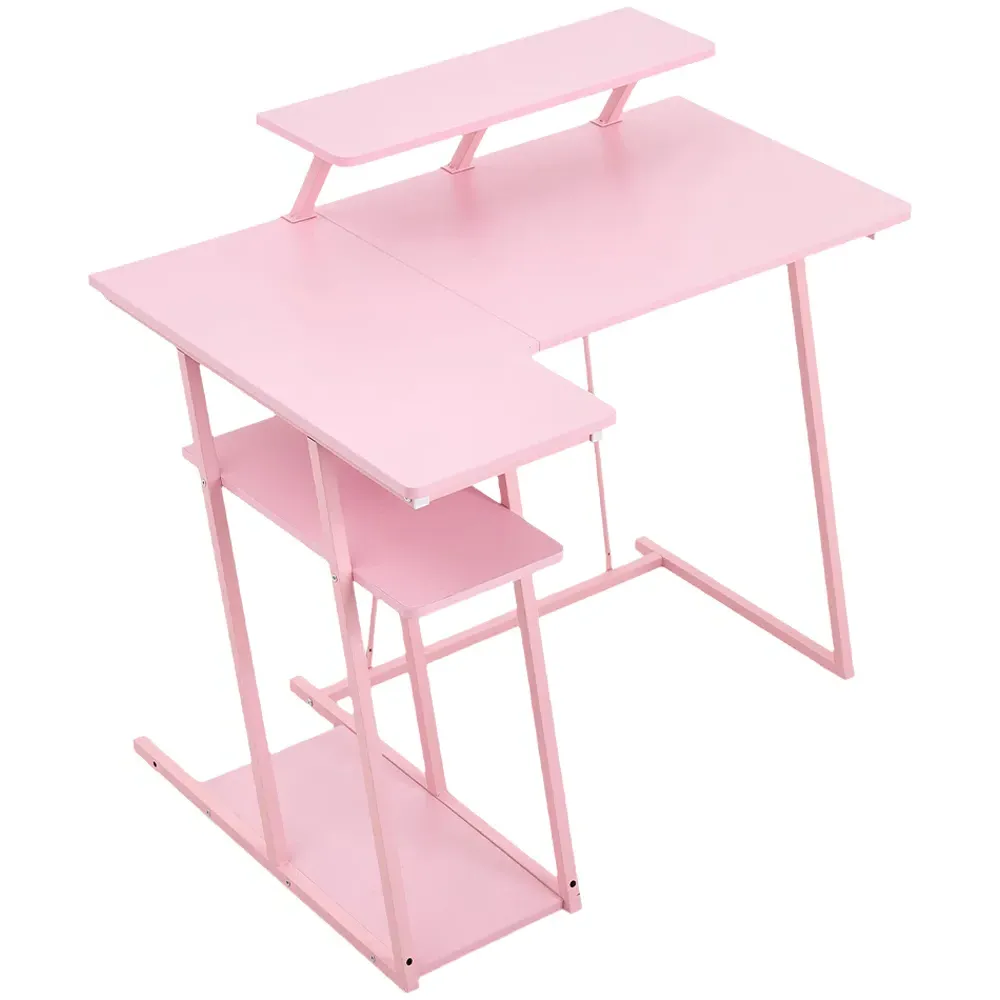 L-Shaped Gaming Desk with Monitor Stand - Pink