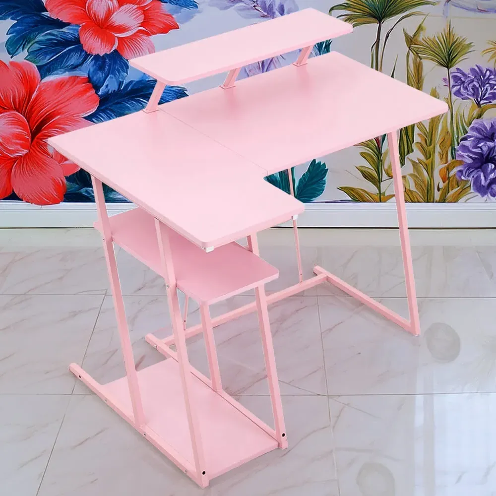 L-Shaped Gaming Desk with Monitor Stand - Pink image
