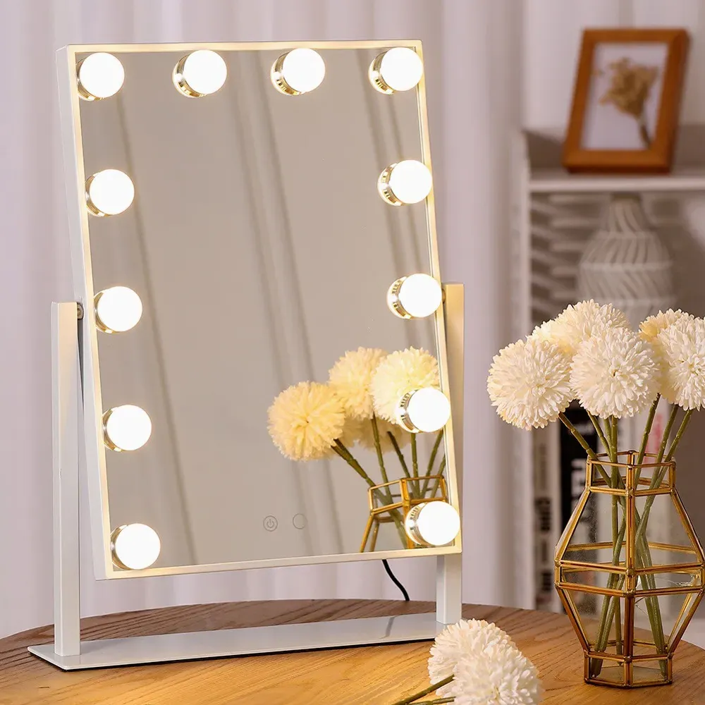Large Rectangular LED Makeup Mirror with Touch Screen - White