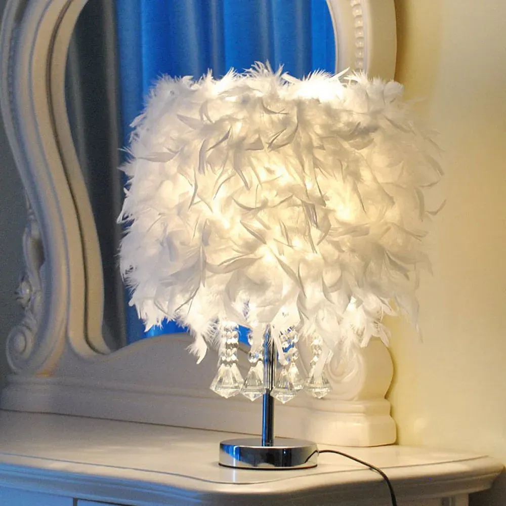 LED Table Lamp with Crystal Feather Lampshade - White, Metal