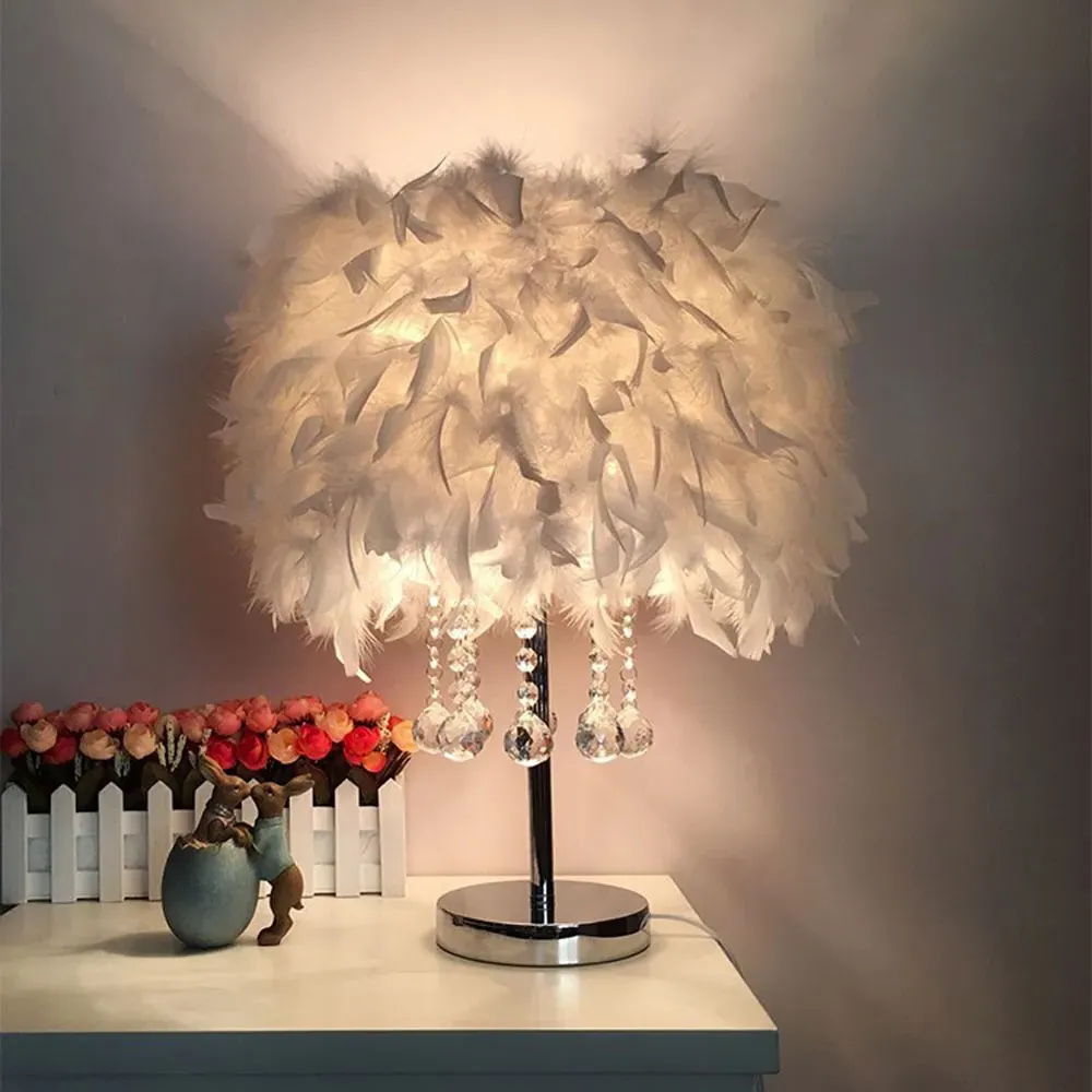 LED Table Lamp with Crystal Feather Lampshade - White, Metal