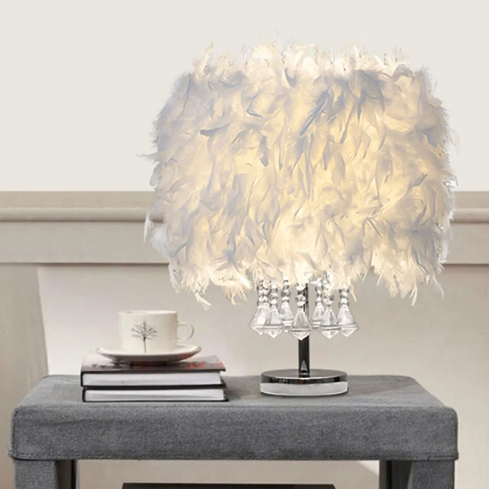 LED Table Lamp with Crystal Feather Lampshade - White, Metal