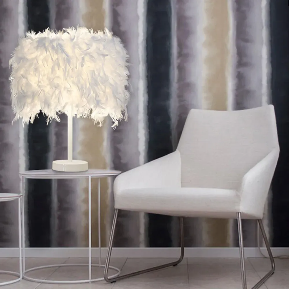 LED Table Lamp with Feather Lampshade - White, Metal