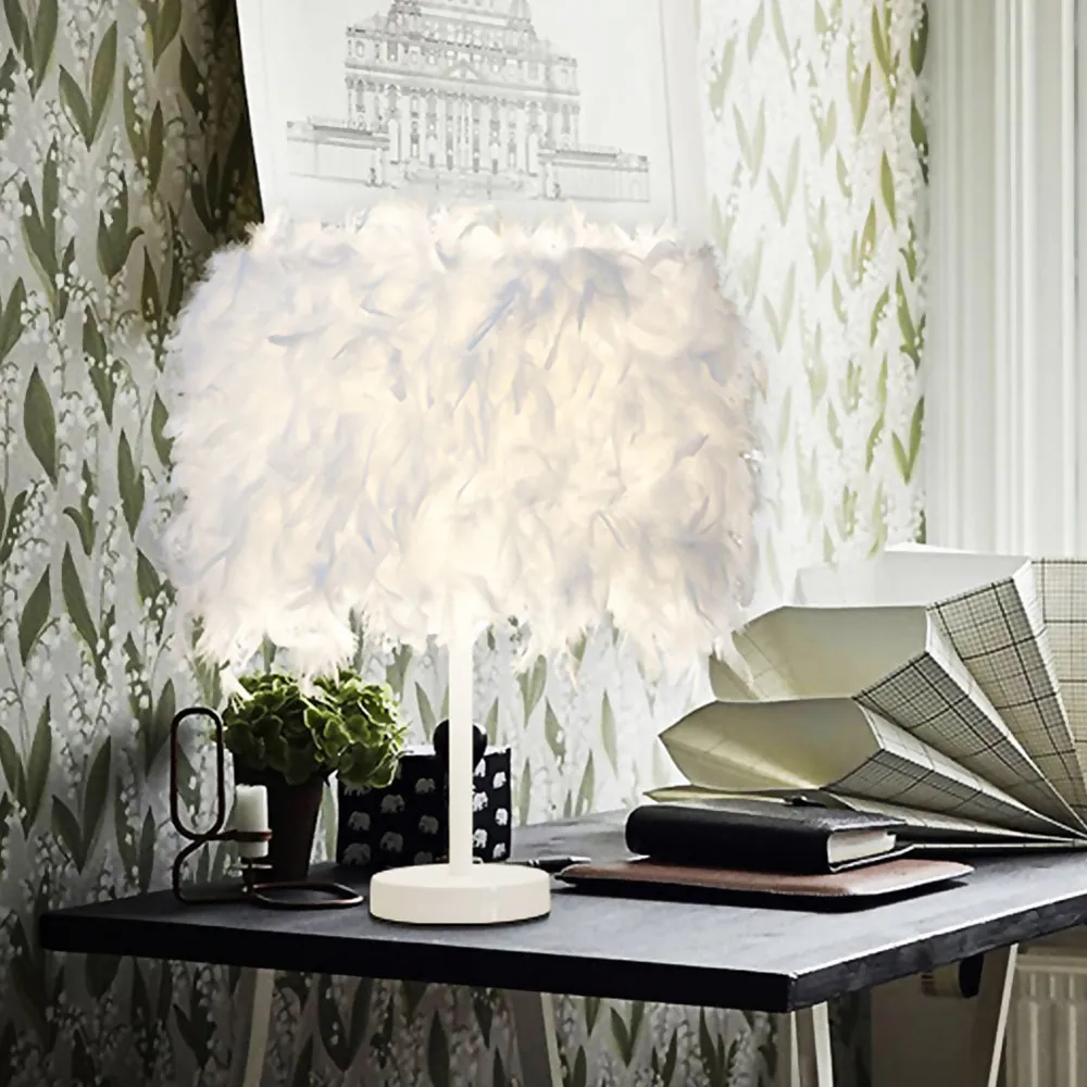 LED Table Lamp with Feather Lampshade - White, Metal