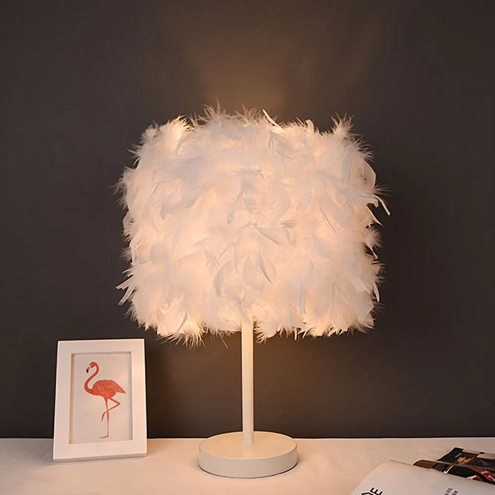 LED Table Lamp with Feather Lampshade - White, Metal