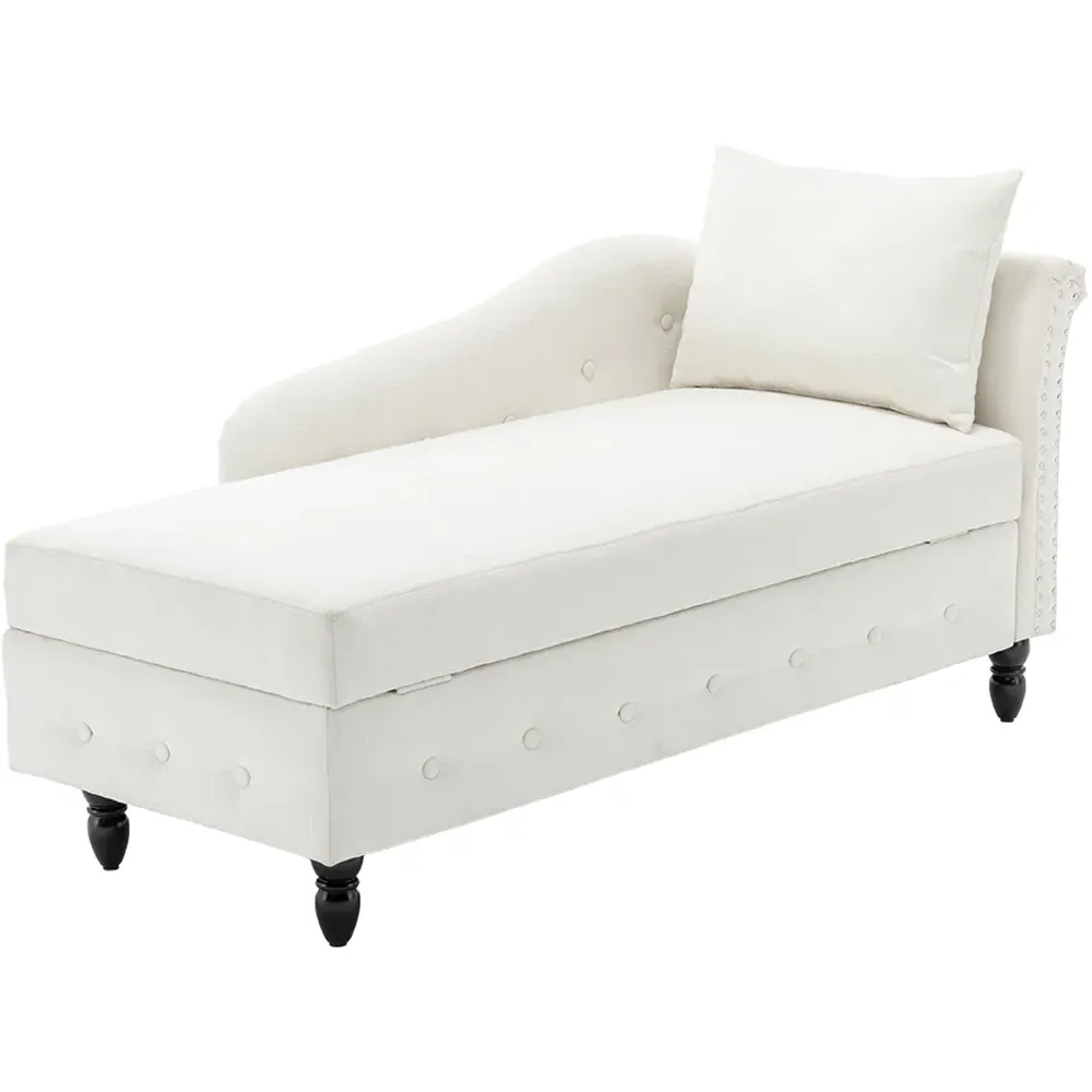 Left Hand Chenille Chaise Lounge with Storage - White