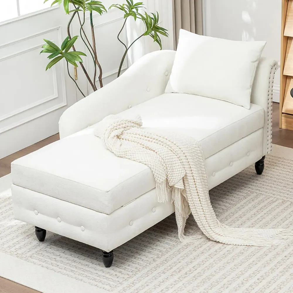 Left Hand Chenille Chaise Lounge with Storage - White