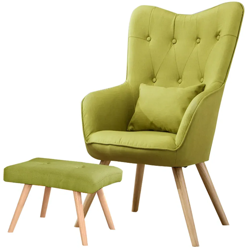 Linen Armchair with Cushion and Footstool - Green