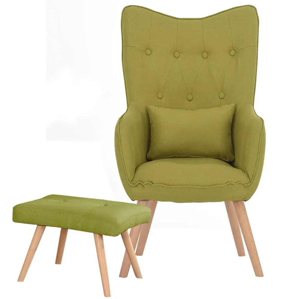Linen Armchair with Cushion and Footstool - Green