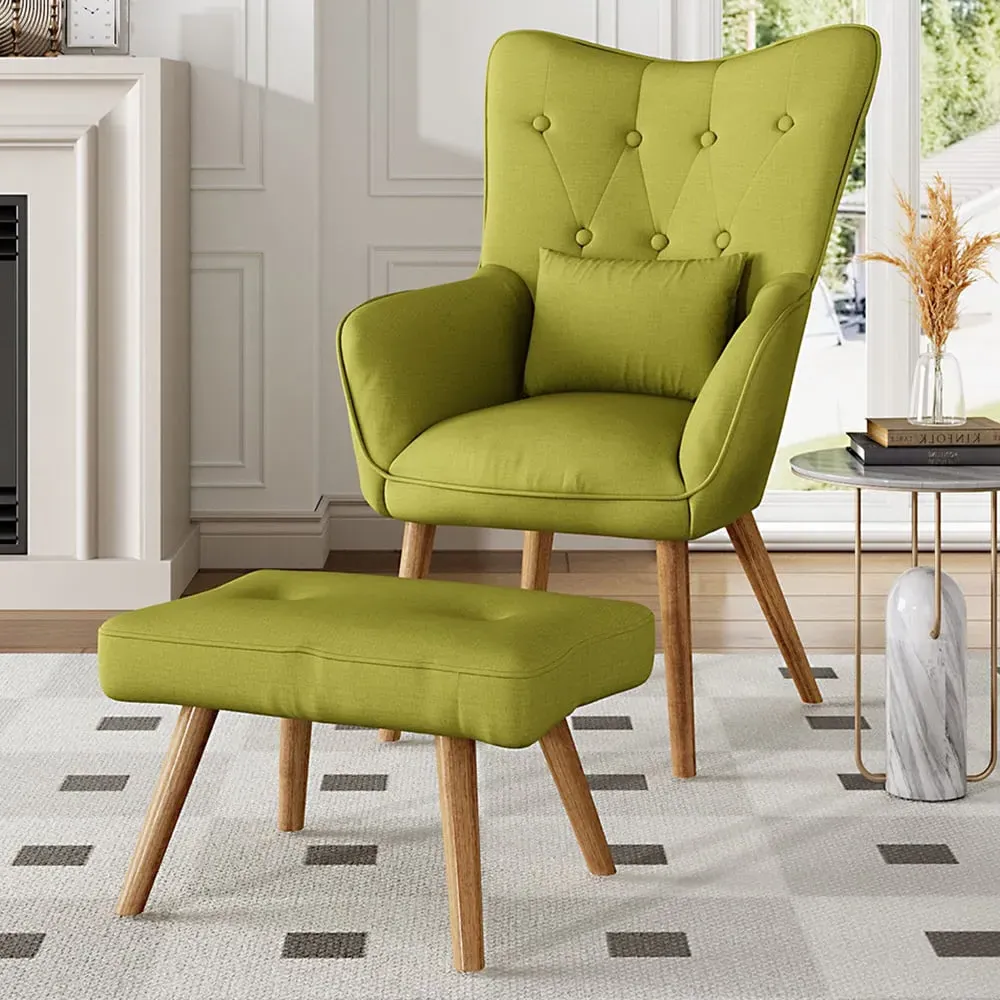 Linen Armchair with Cushion and Footstool - Green image