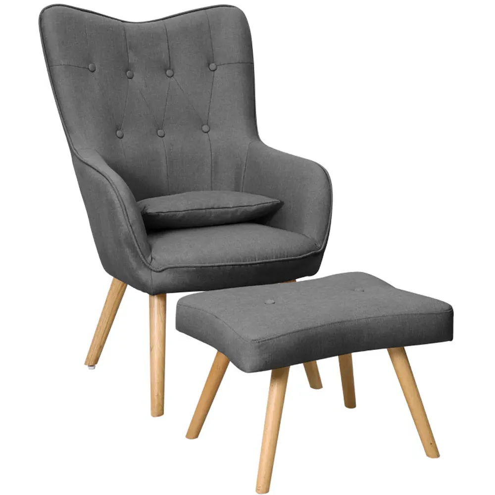 Linen Armchair with Cushion and Footstool - Grey