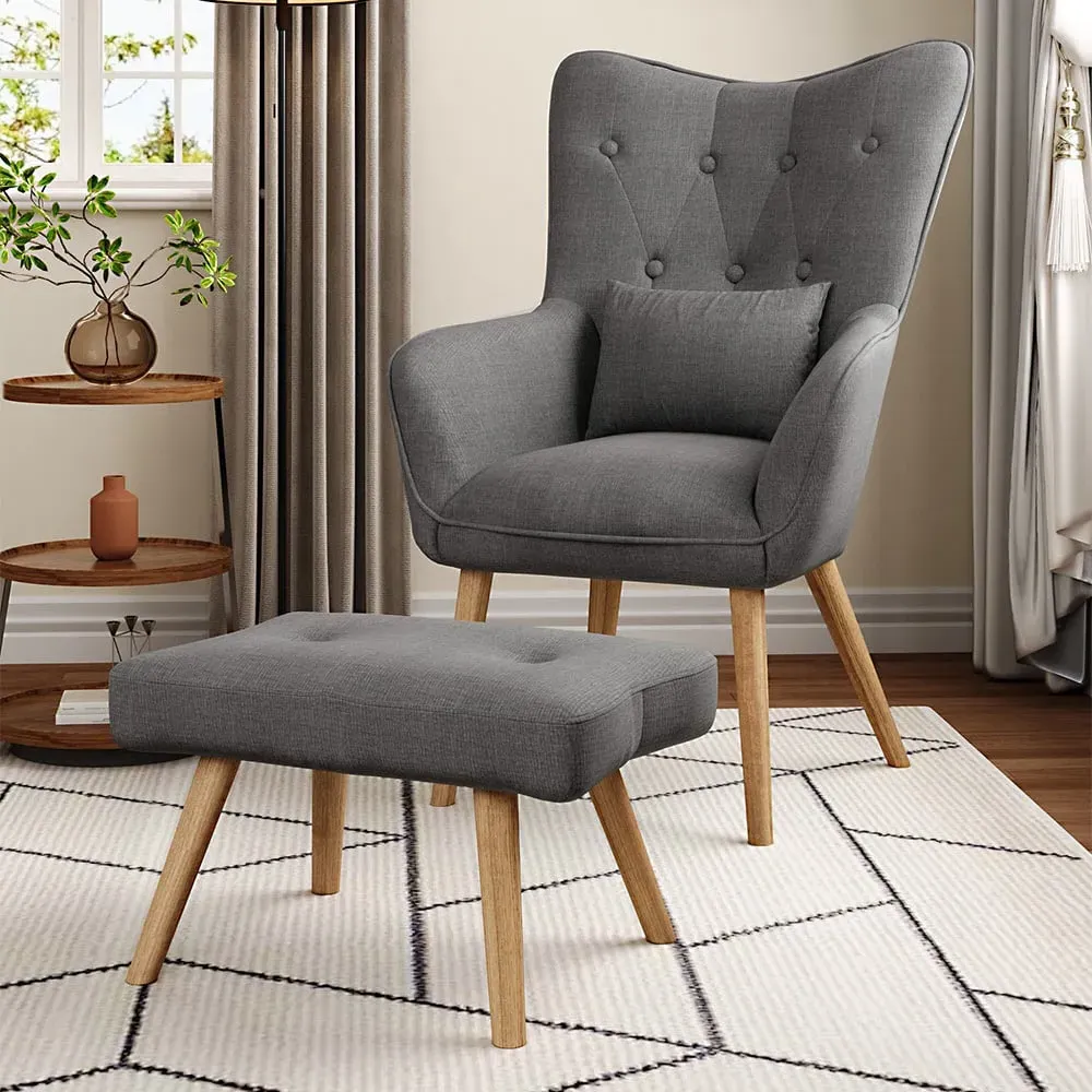 Linen Armchair with Cushion and Footstool - Grey