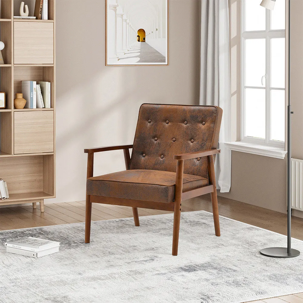 Linen Cushion Wood Frame Upholstered Lounge Chair - Brown