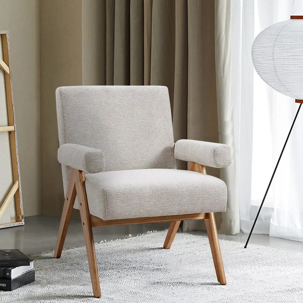 Linen Upholstered Wooden Armchair - Cream