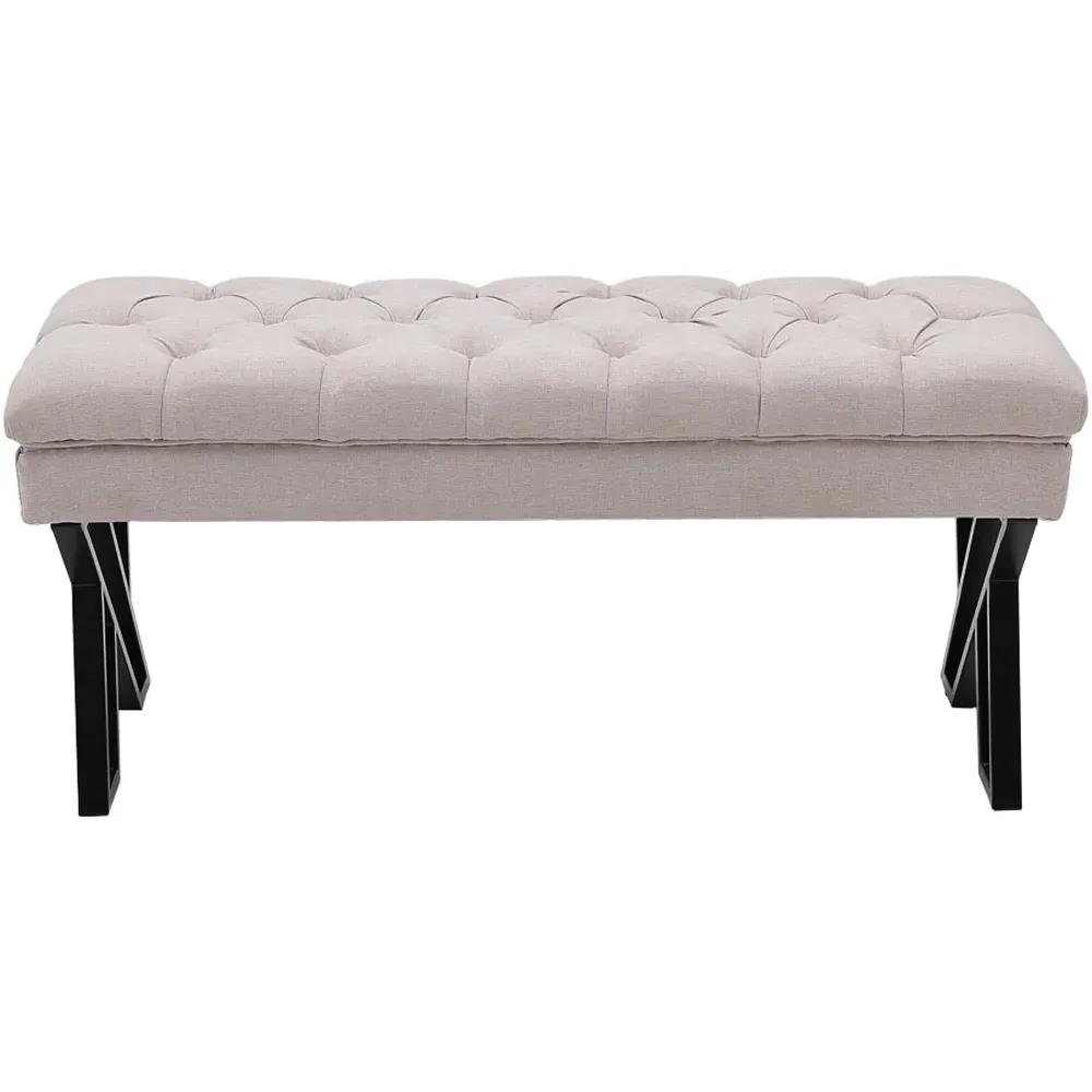 Mid Century Upholstered Bench with Metal Legs - Cream, Linen