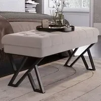 Mid Century Upholstered Bench with Metal Legs - Cream, Linen