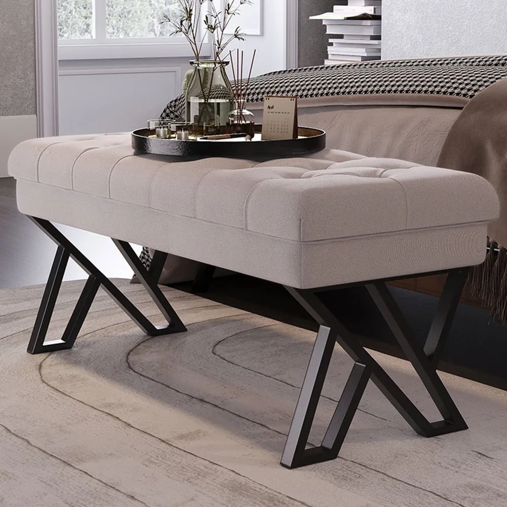 Mid Century Upholstered Bench with Metal Legs - Cream, Linen