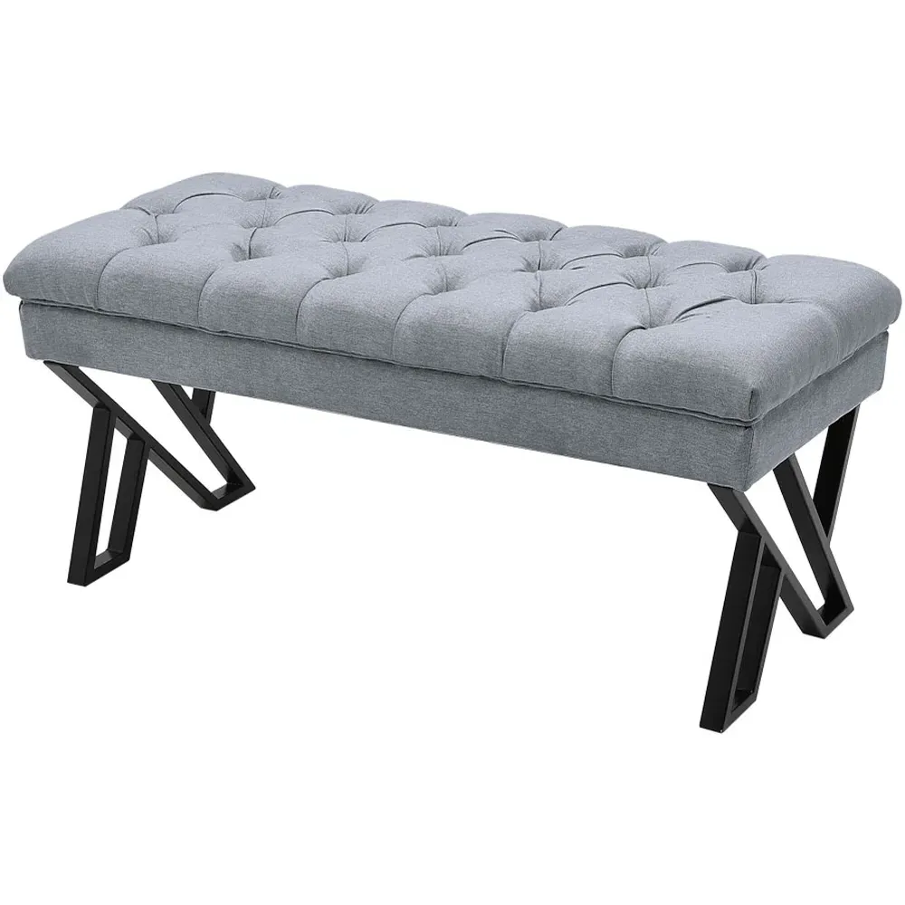 Mid Century Upholstered Bench with Metal Legs - Grey, Linen