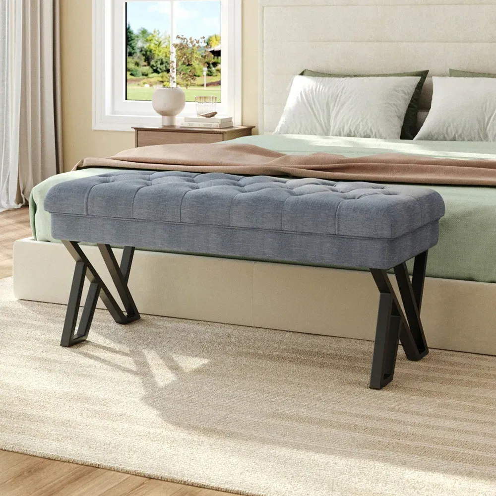 Mid Century Upholstered Bench with Metal Legs - Grey, Linen