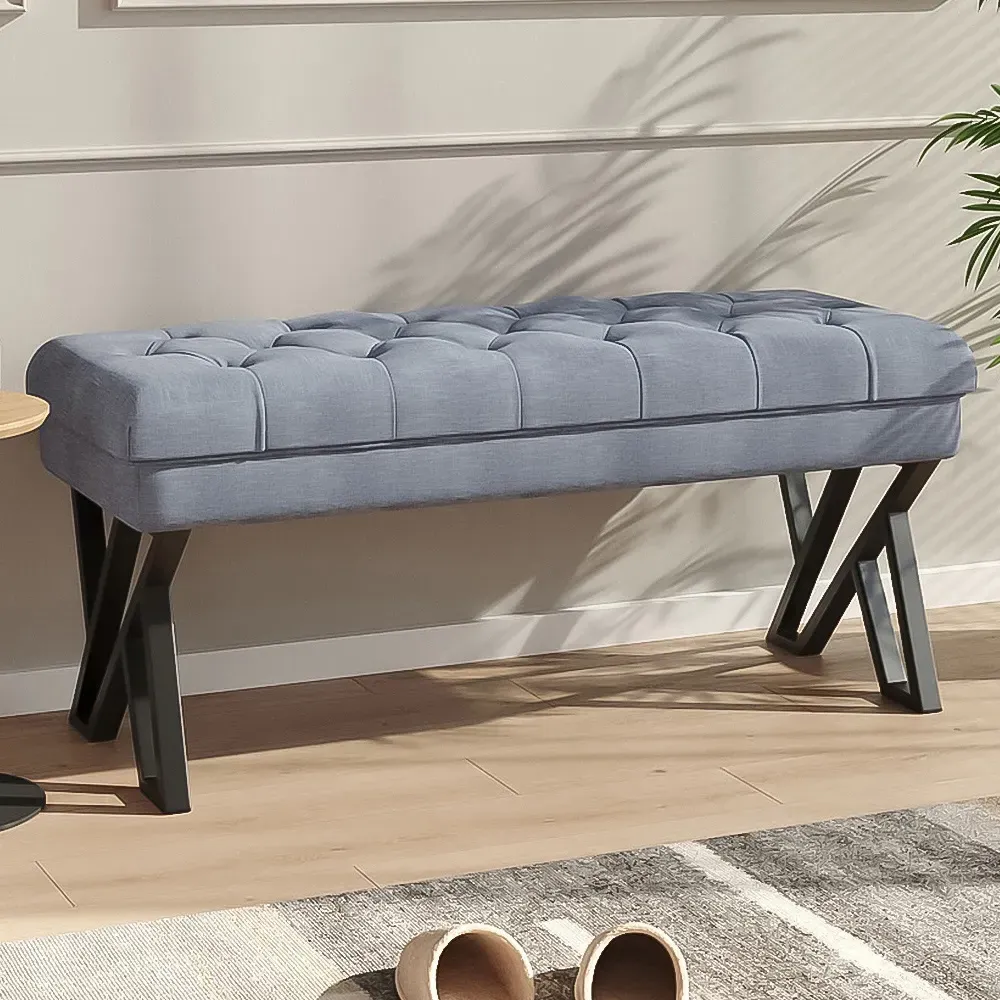 Mid Century Upholstered Bench with Metal Legs - Grey, Linen image