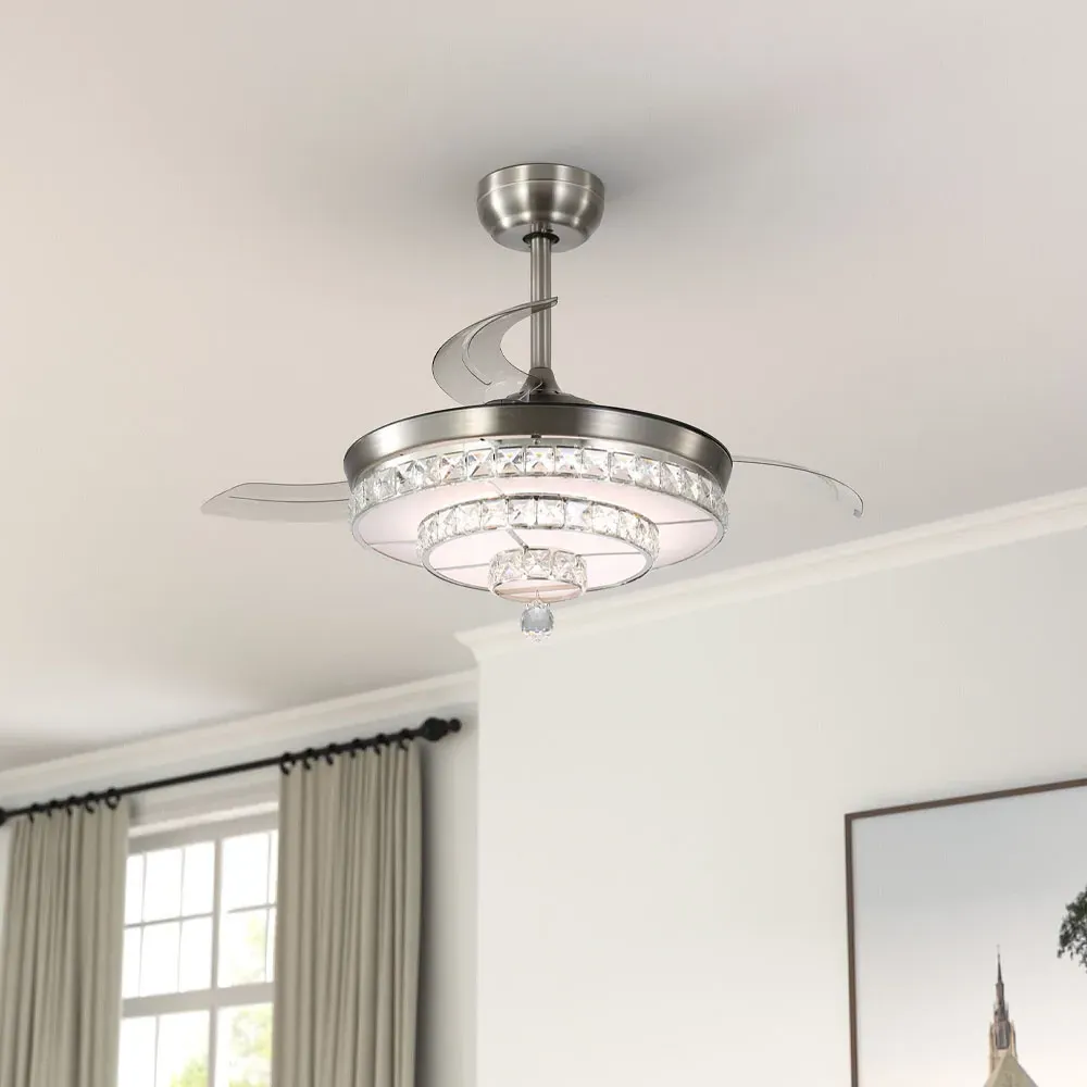 Nickel Retractable Blade LED Ceiling Fan Light with 6 Speeds - Silver