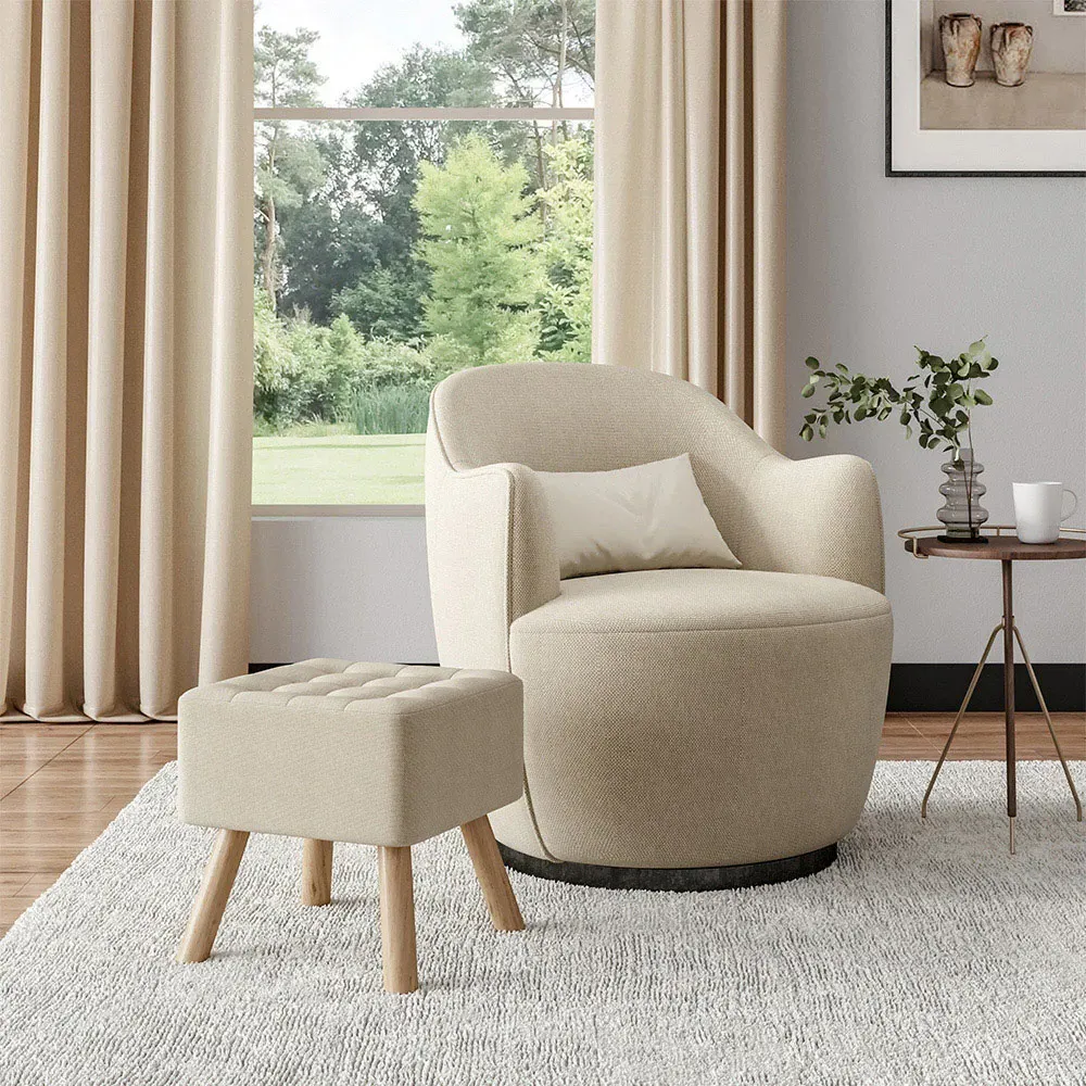 Padded Footstool - Beige, Linen