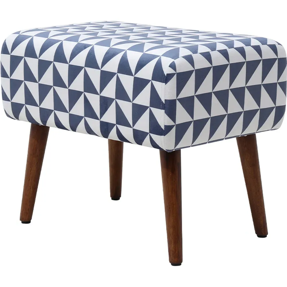 Patterned Ottoman Footstool - Blue and White, Walnut