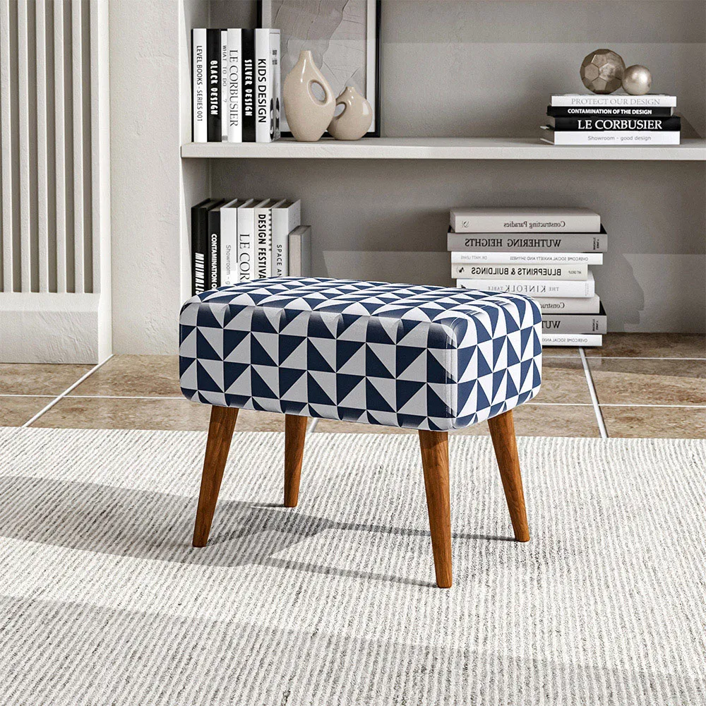 Patterned Ottoman Footstool - Blue and White, Walnut