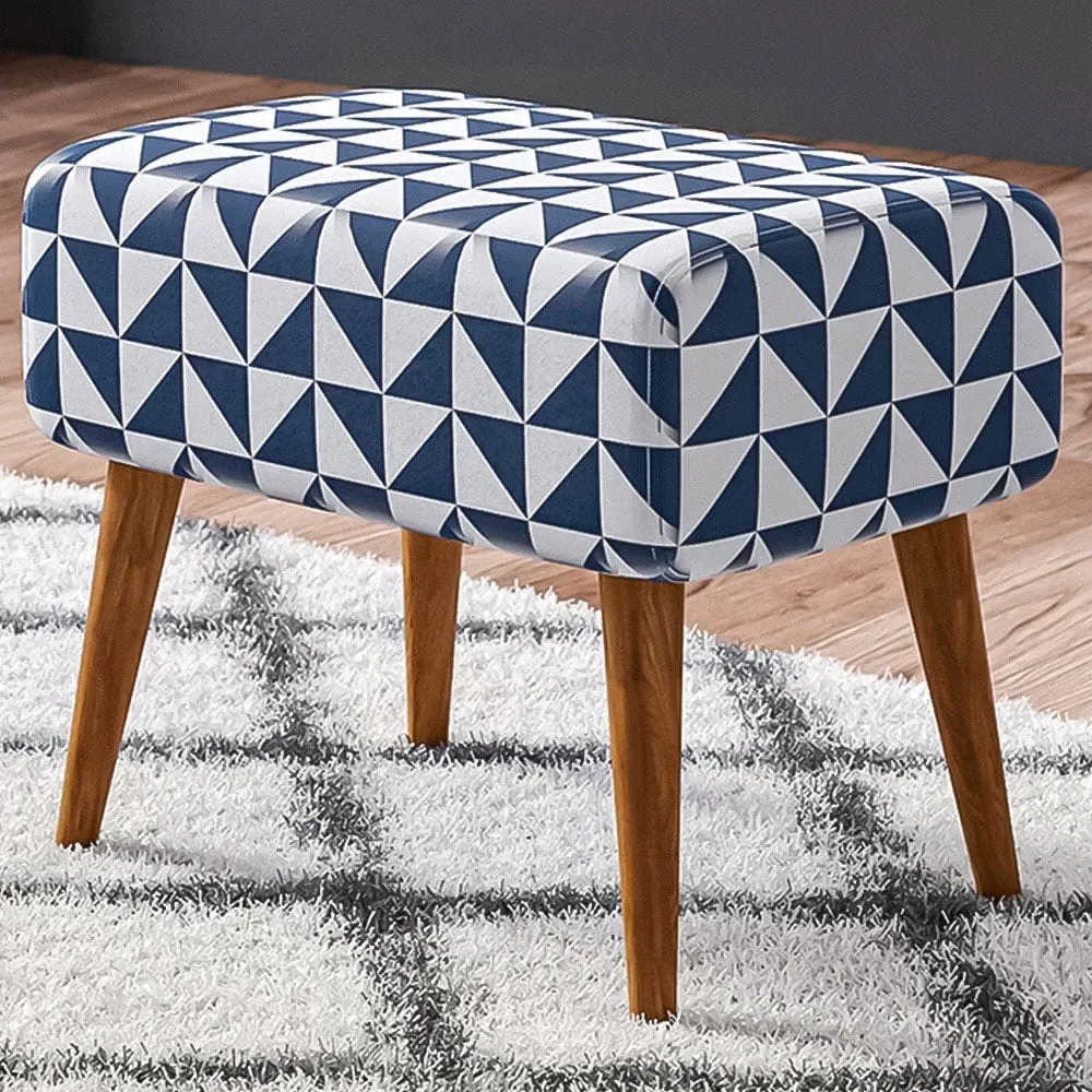 Patterned Ottoman Footstool - Blue and White, Walnut image