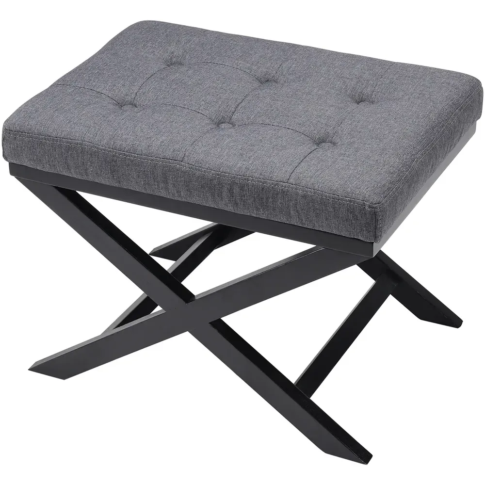 Rectangle Linen Buttoned Footstool with X-Shaped Legs - Grey
