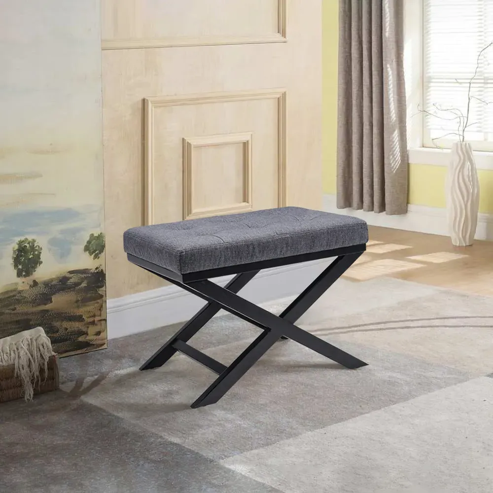 Rectangle Linen Buttoned Footstool with X-Shaped Legs - Grey