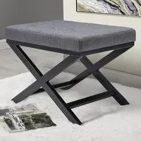 Rectangle Linen Buttoned Footstool with X-Shaped Legs - Grey