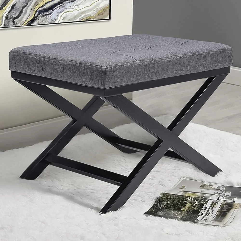 Rectangle Linen Buttoned Footstool with X-Shaped Legs - Grey image