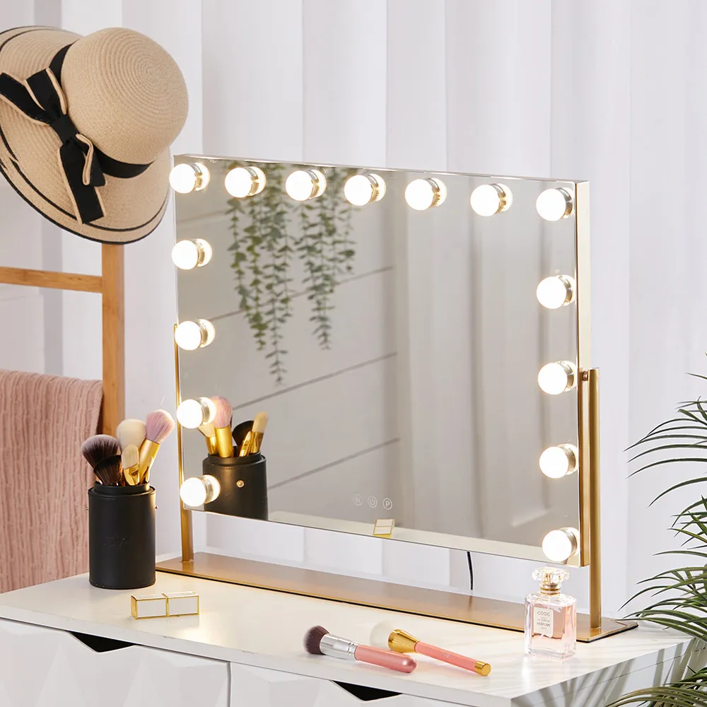 Rectangular Hollywood LED Vanity Mirror - Gold, Metal