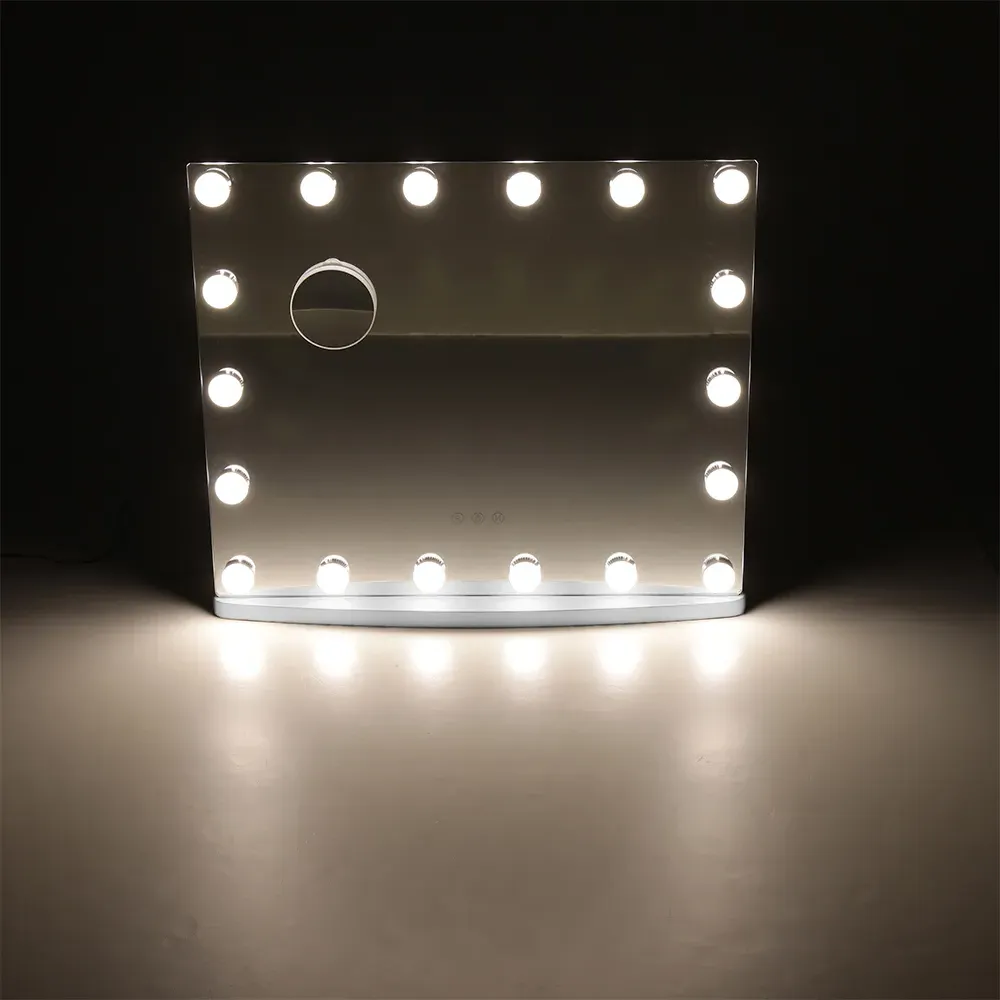 Rectangular Hollywood LED Vanity Mirror with 10X Magnification - White, Metal