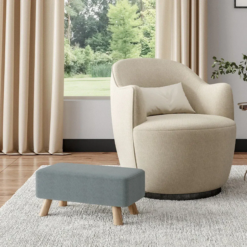 Rectangular Tofu-Shaped Footrest with Wooden Legs - Grey, Linen