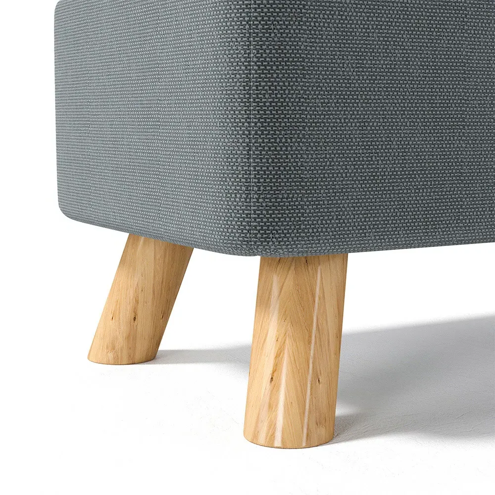 Rectangular Tofu-Shaped Footrest with Wooden Legs - Grey, Linen