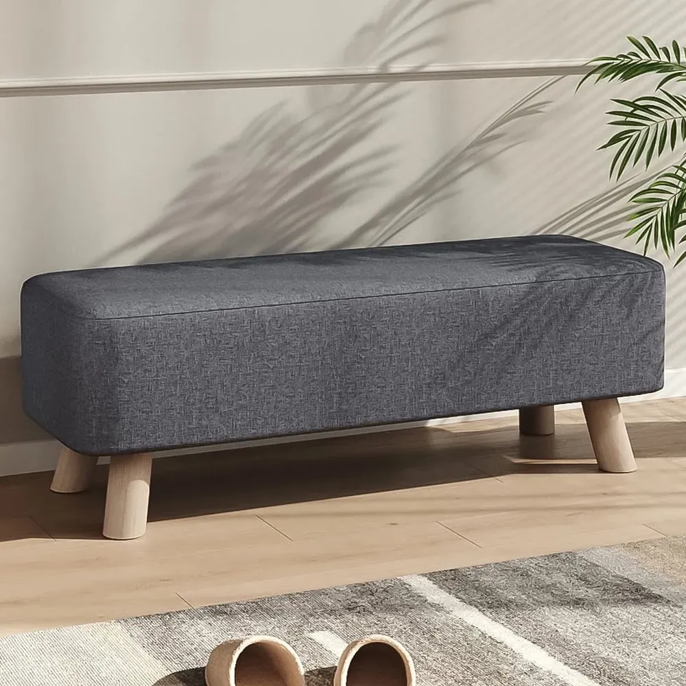 Rectangular Tofu-Shaped Footrest with Wooden Legs - Grey, Linen