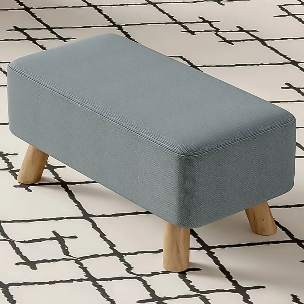 Rectangular Tofu-Shaped Footrest with Wooden Legs - Grey, Linen image
