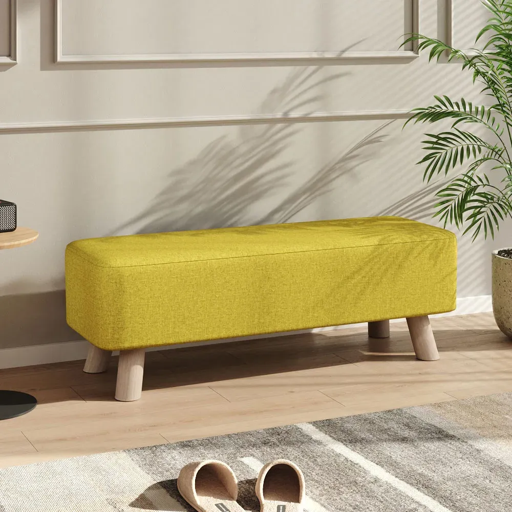 Rectangular Tofu-Shaped Footrest with Wooden Legs - Yellow, Linen