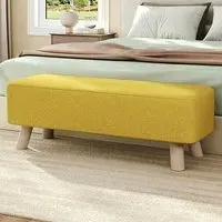 Rectangular Tofu-Shaped Footrest with Wooden Legs - Yellow, Linen
